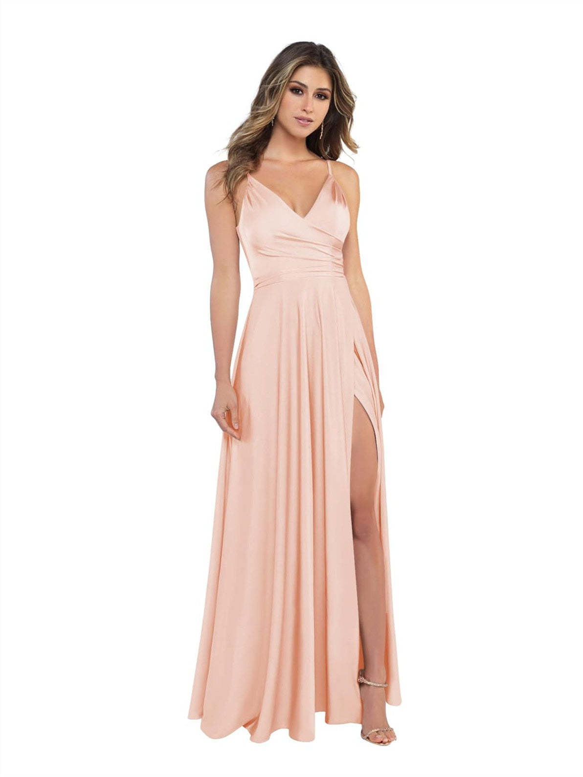 V-Neck Sleeveless Floor-Length Princess Satin Bridesmaid Dress in A-Line