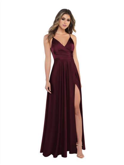 V-Neck Sleeveless Floor-Length Princess Satin Bridesmaid Dress in A-Line