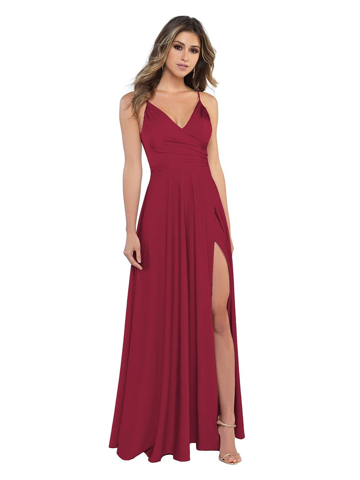 V-Neck Sleeveless Floor-Length Princess Satin Bridesmaid Dress in A-Line