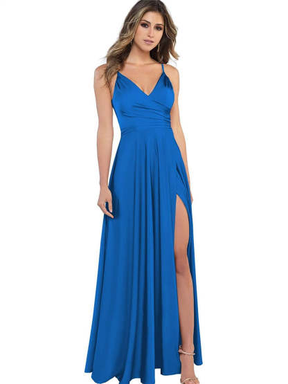 V-Neck Sleeveless Floor-Length Princess Satin Bridesmaid Dress in A-Line