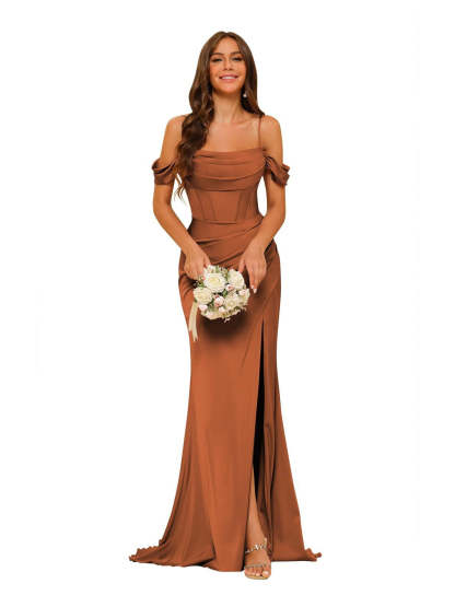 Satin Off-the-Shoulder Floor-Length Bridesmaid Dresses in Mermaid/Trumpet Style