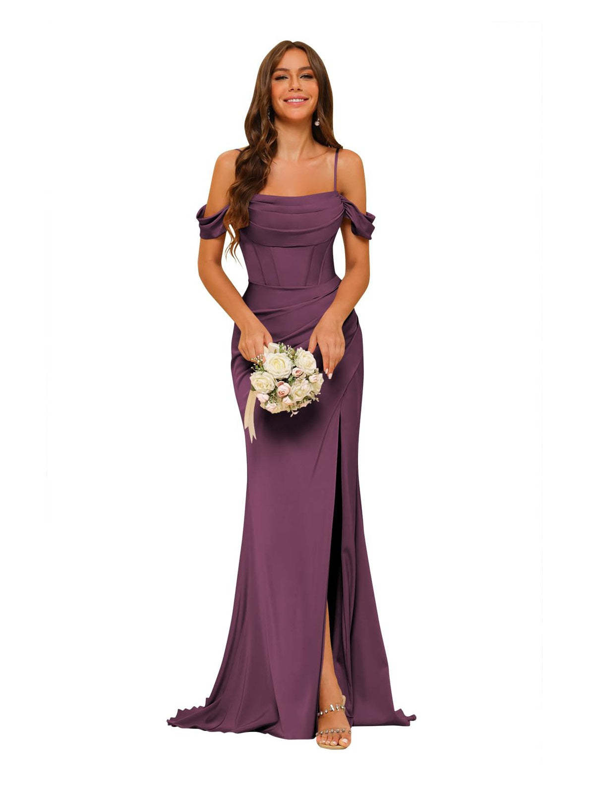 Satin Off-the-Shoulder Floor-Length Bridesmaid Dresses in Mermaid/Trumpet Style