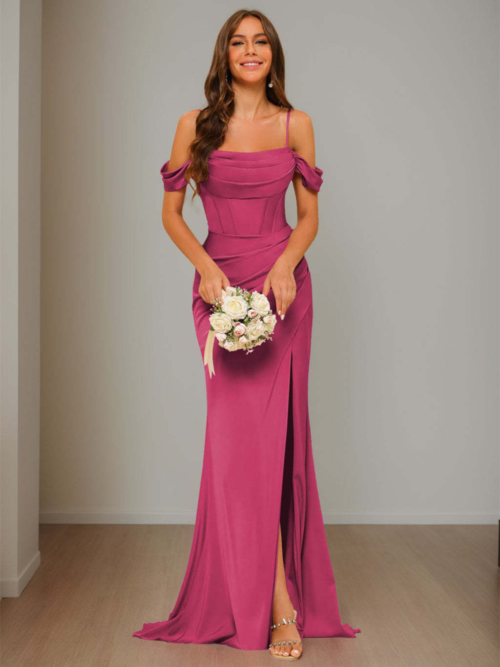 Satin Off-the-Shoulder Floor-Length Bridesmaid Dresses in Mermaid/Trumpet Style
