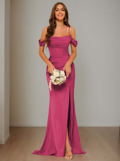 Satin Off-the-Shoulder Floor-Length Bridesmaid Dresses in Mermaid/Trumpet Style