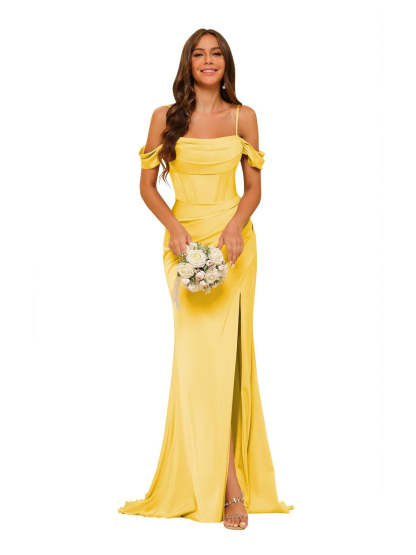 Satin Off-the-Shoulder Floor-Length Bridesmaid Dresses in Mermaid/Trumpet Style