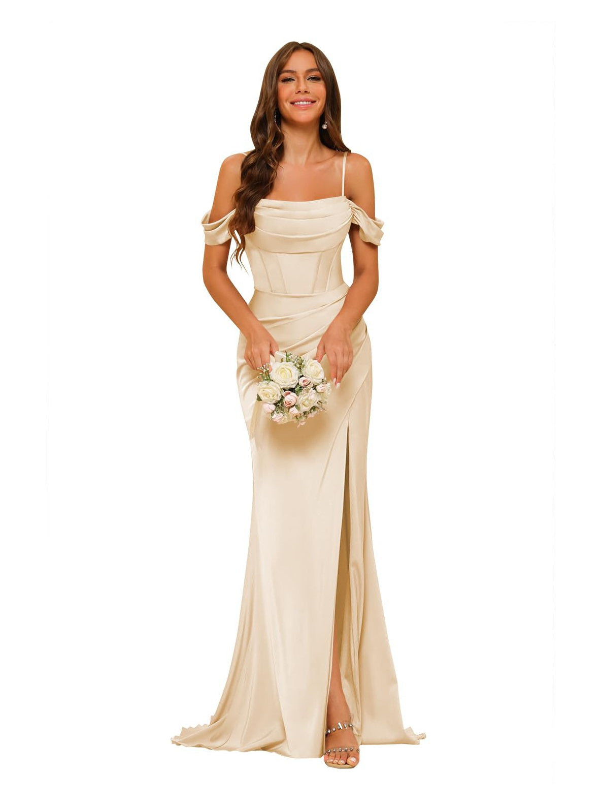 Satin Off-the-Shoulder Floor-Length Bridesmaid Dresses in Mermaid/Trumpet Style