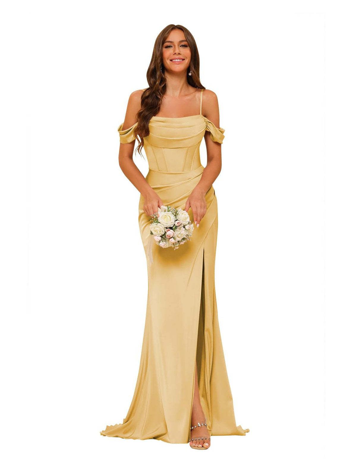 Satin Off-the-Shoulder Floor-Length Bridesmaid Dresses in Mermaid/Trumpet Style