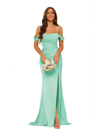 Satin Off-the-Shoulder Floor-Length Bridesmaid Dresses in Mermaid/Trumpet Style