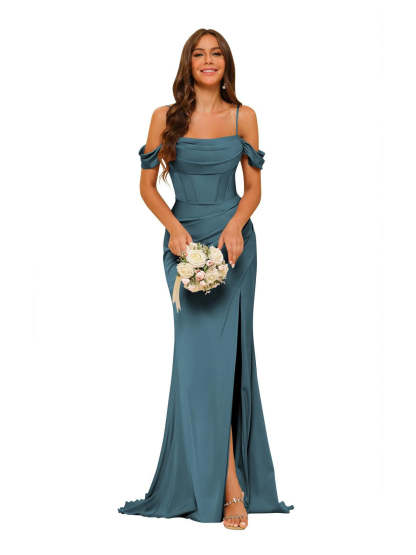 Satin Off-the-Shoulder Floor-Length Bridesmaid Dresses in Mermaid/Trumpet Style