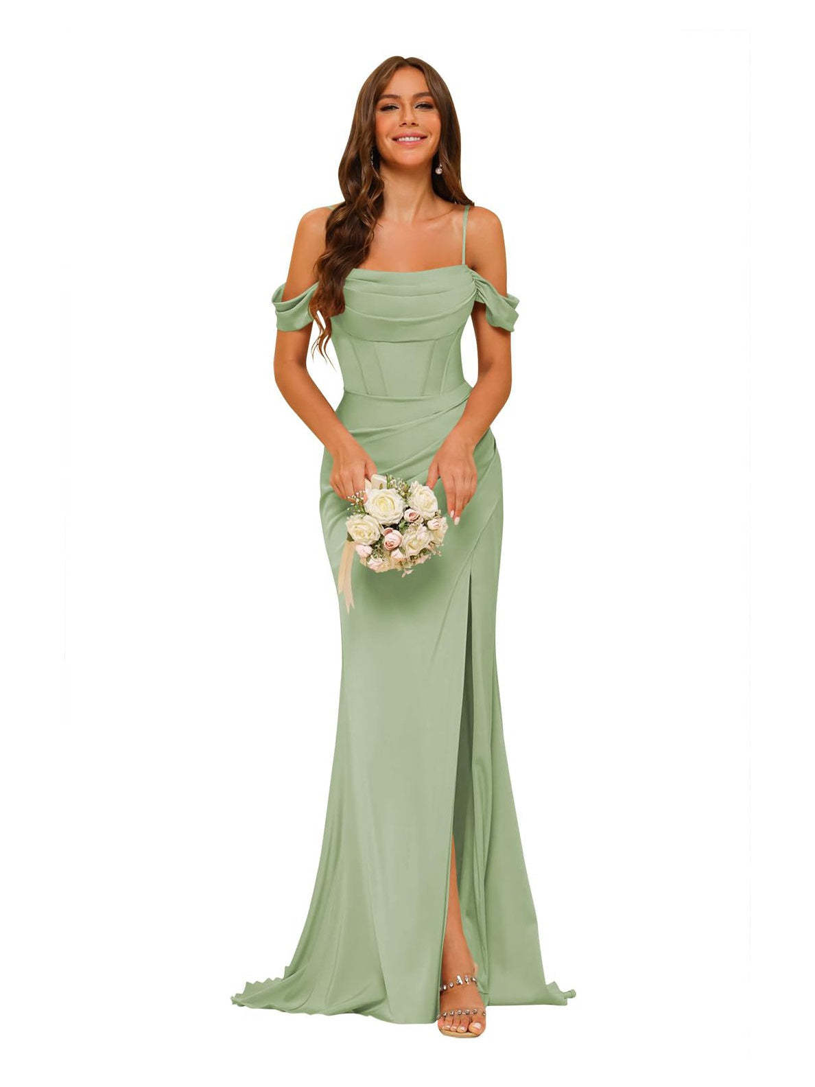 Satin Off-the-Shoulder Floor-Length Bridesmaid Dresses in Mermaid/Trumpet Style