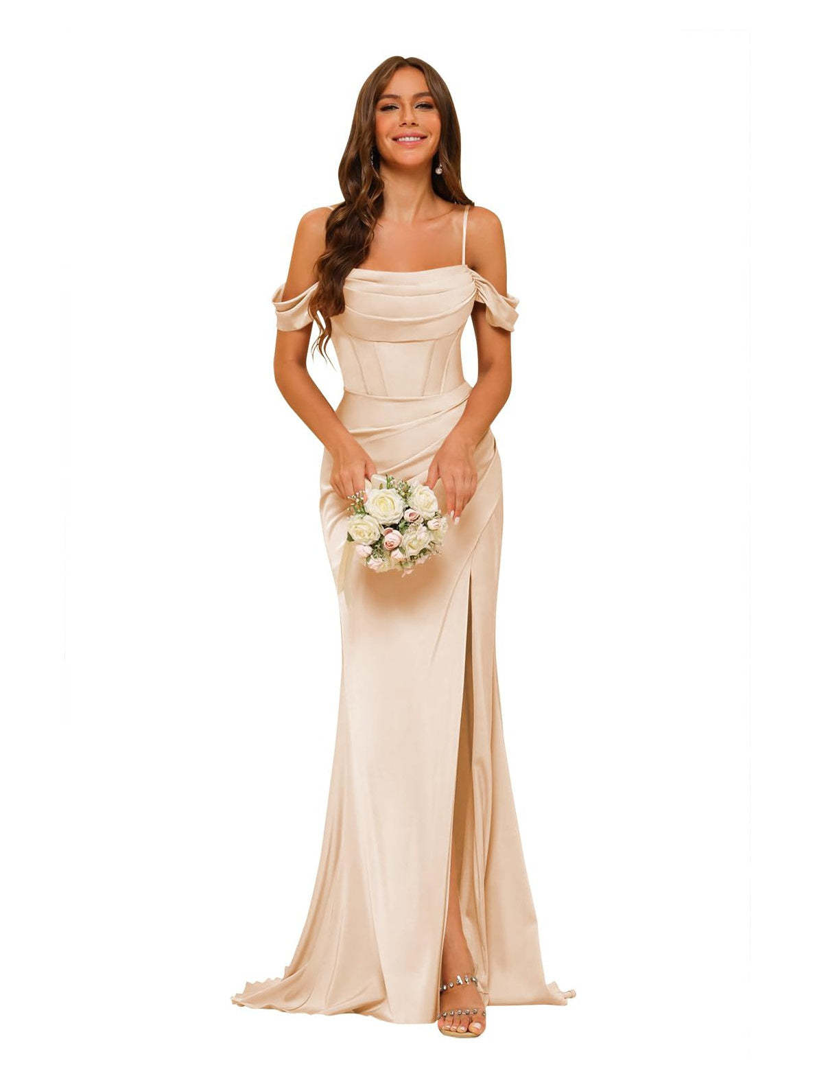 Satin Off-the-Shoulder Floor-Length Bridesmaid Dresses in Mermaid/Trumpet Style