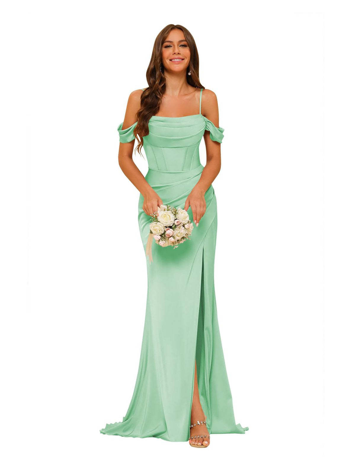 Satin Off-the-Shoulder Floor-Length Bridesmaid Dresses in Mermaid/Trumpet Style