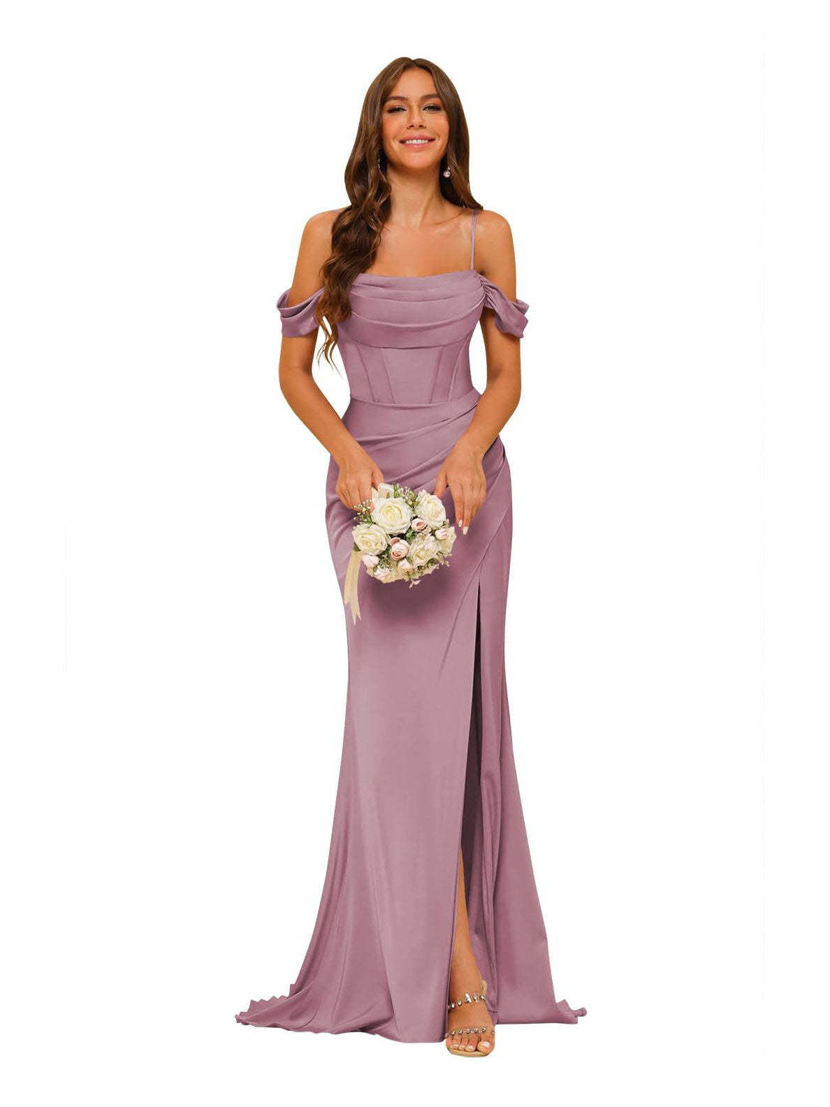 Satin Off-the-Shoulder Floor-Length Bridesmaid Dresses in Mermaid/Trumpet Style
