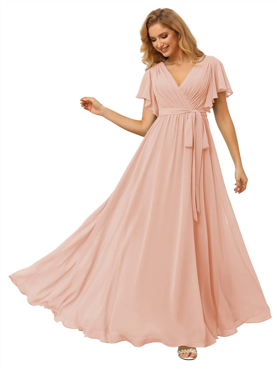 V-Neck Ankle-Length Chiffon Bridesmaid Dress with Short Sleeves