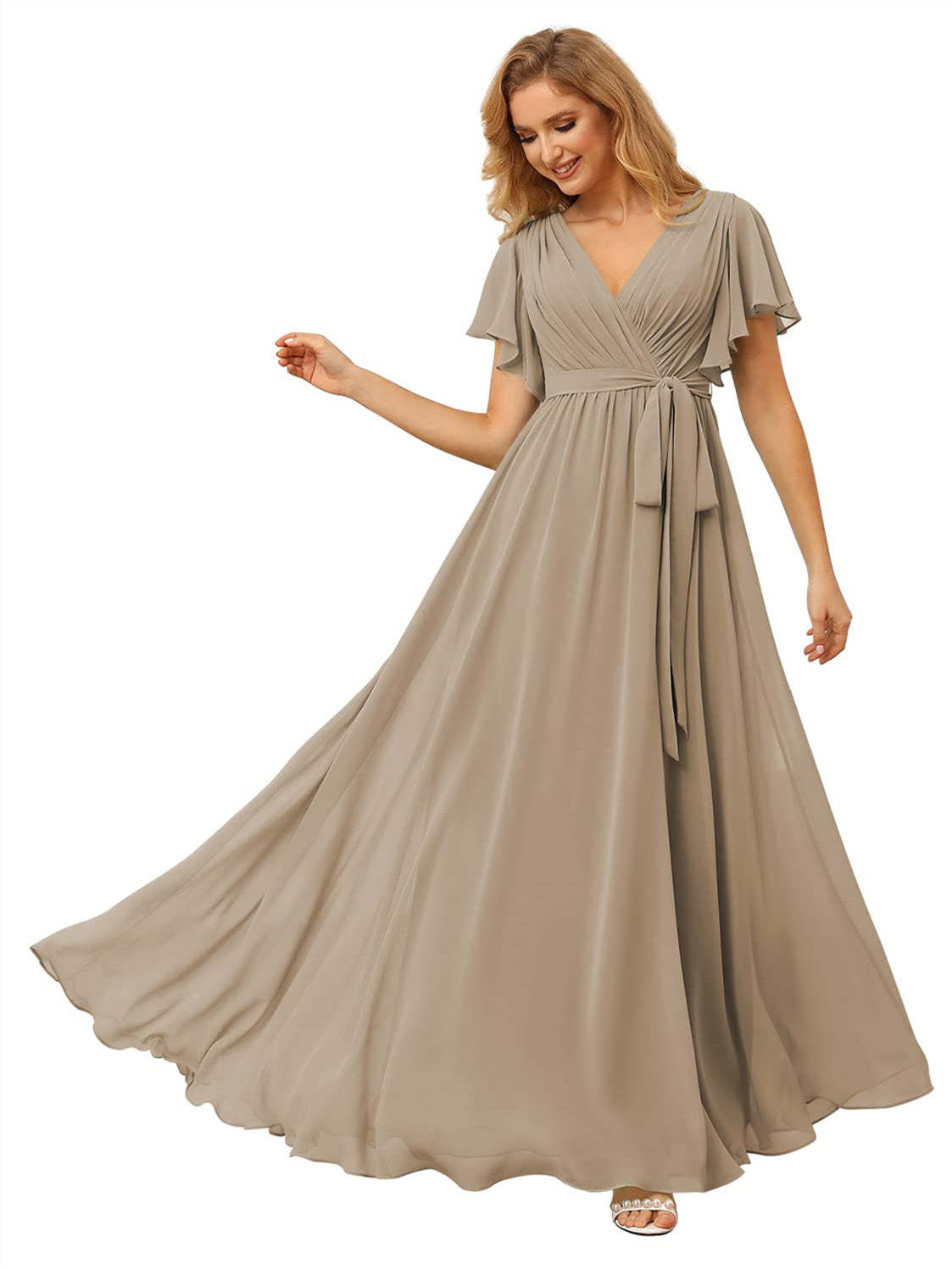 V-Neck Ankle-Length Chiffon Bridesmaid Dress with Short Sleeves