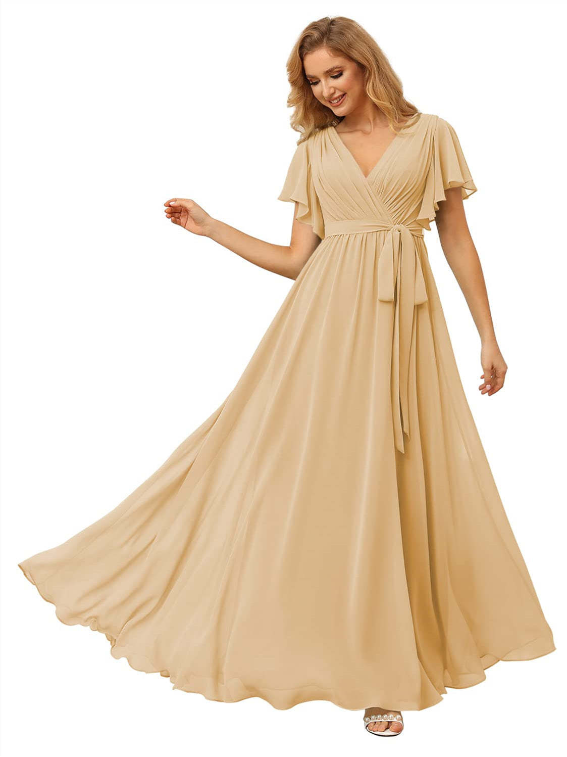 V-Neck Ankle-Length Chiffon Bridesmaid Dress with Short Sleeves