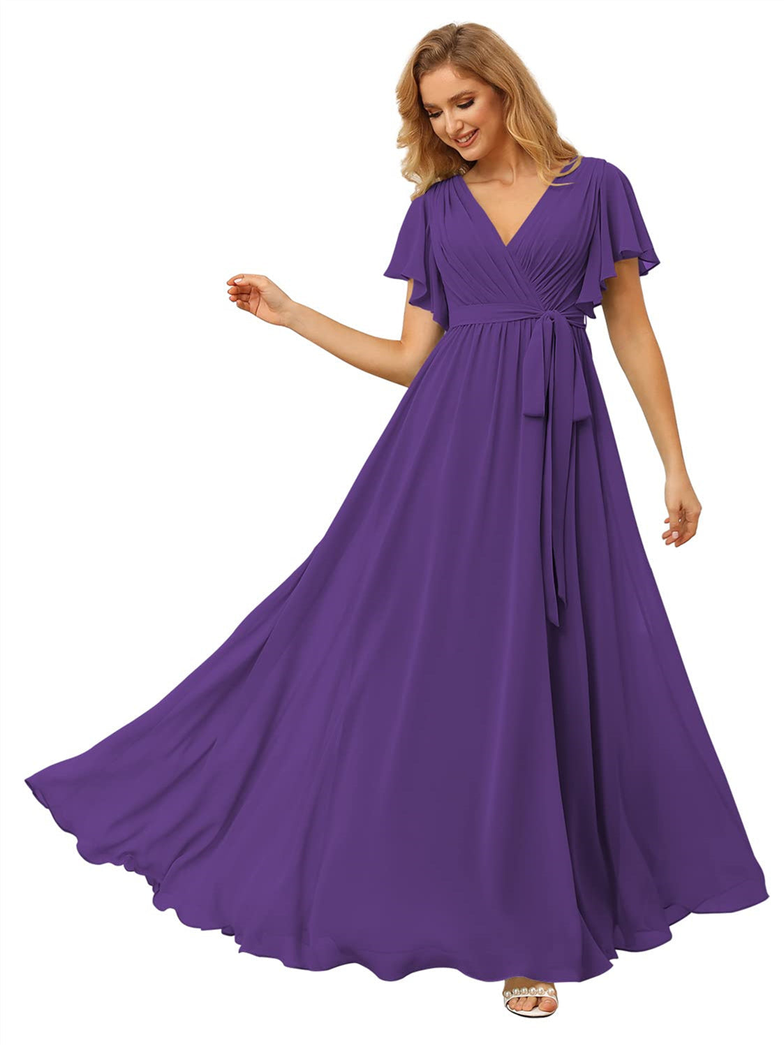V-Neck Ankle-Length Chiffon Bridesmaid Dress with Short Sleeves