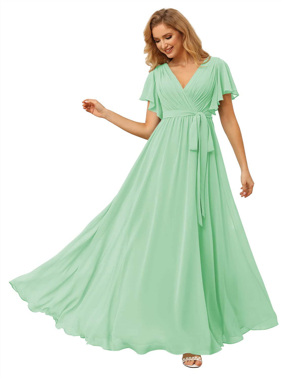 V-Neck Ankle-Length Chiffon Bridesmaid Dress with Short Sleeves