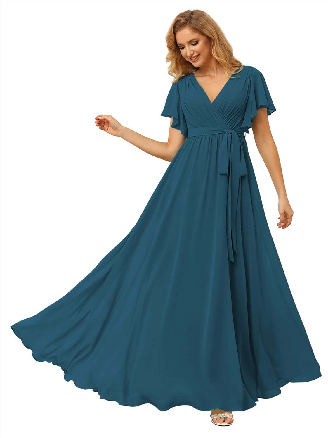 V-Neck Ankle-Length Chiffon Bridesmaid Dress with Short Sleeves