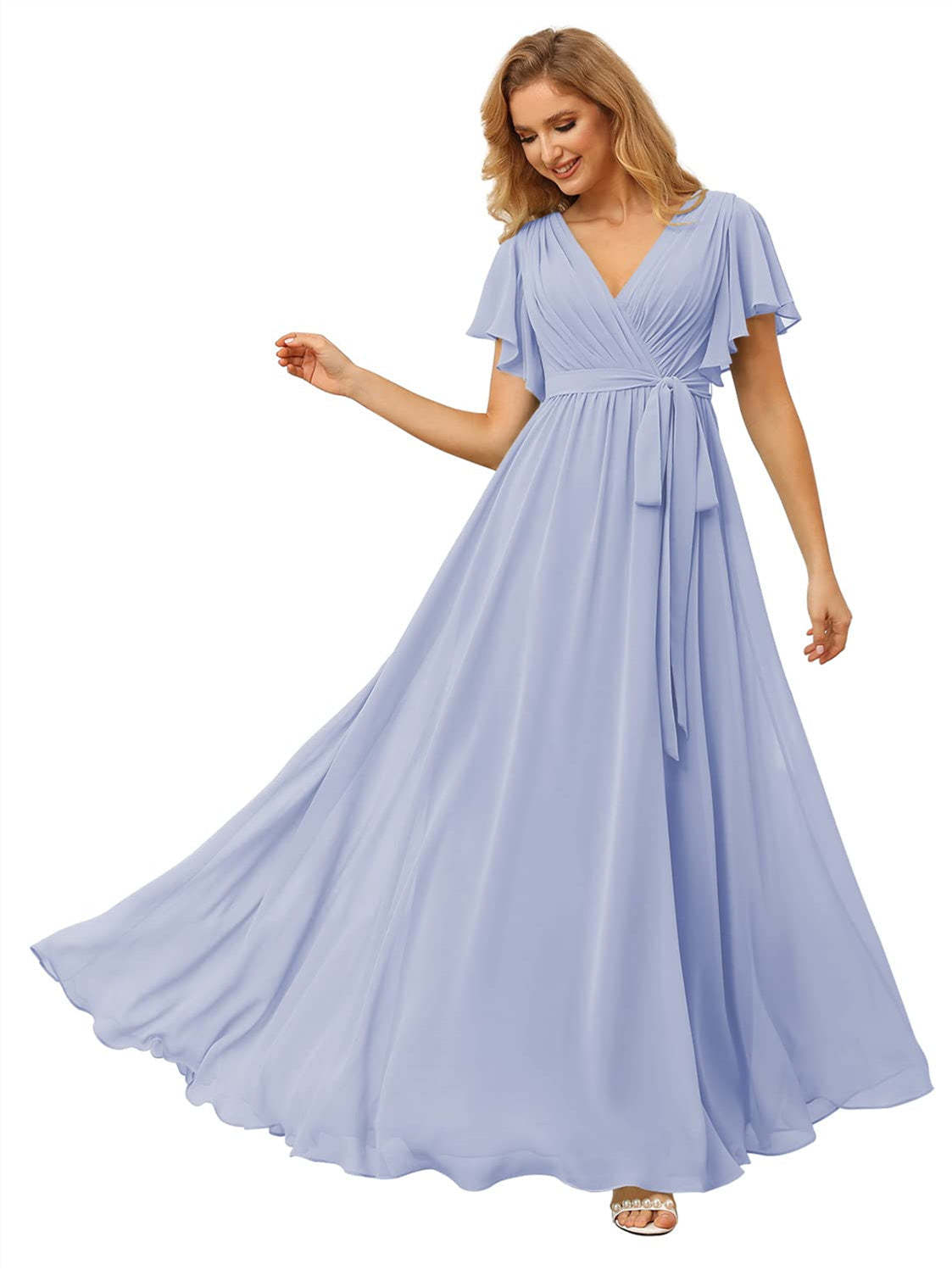 V-Neck Ankle-Length Chiffon Bridesmaid Dress with Short Sleeves