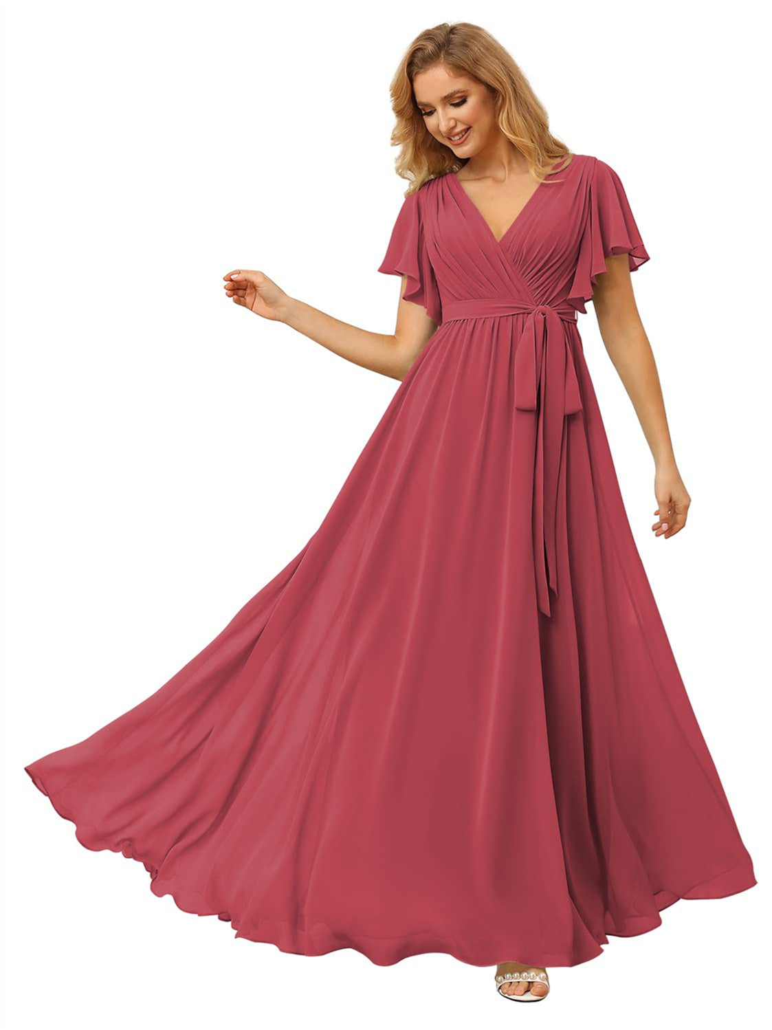 V-Neck Ankle-Length Chiffon Bridesmaid Dress with Short Sleeves