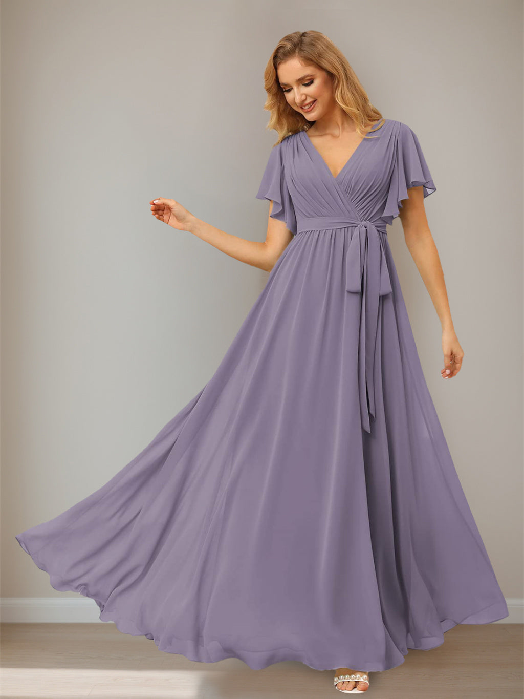 V-Neck Ankle-Length Chiffon Bridesmaid Dress with Short Sleeves