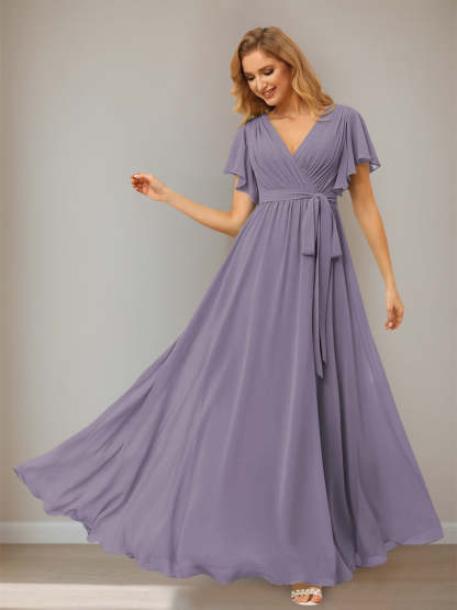 V-Neck Ankle-Length Chiffon Bridesmaid Dress with Short Sleeves