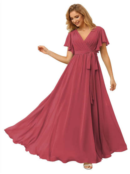 V-Neck Ankle-Length Chiffon Bridesmaid Dress with Short Sleeves