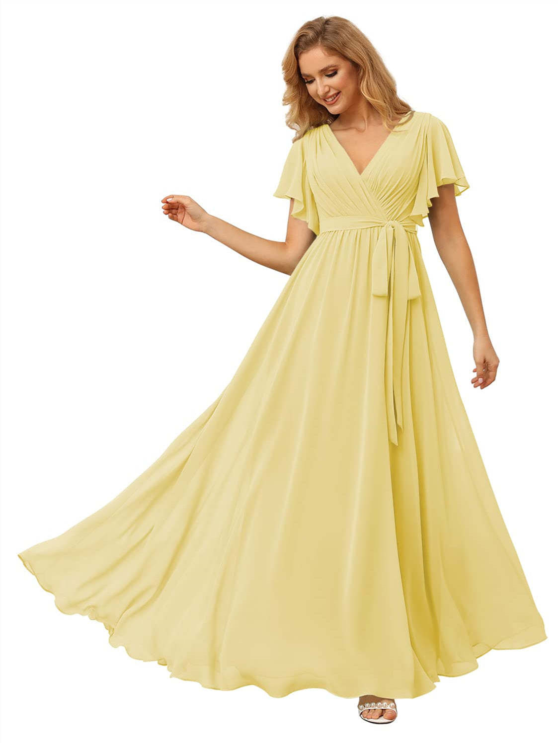 V-Neck Ankle-Length Chiffon Bridesmaid Dress with Short Sleeves