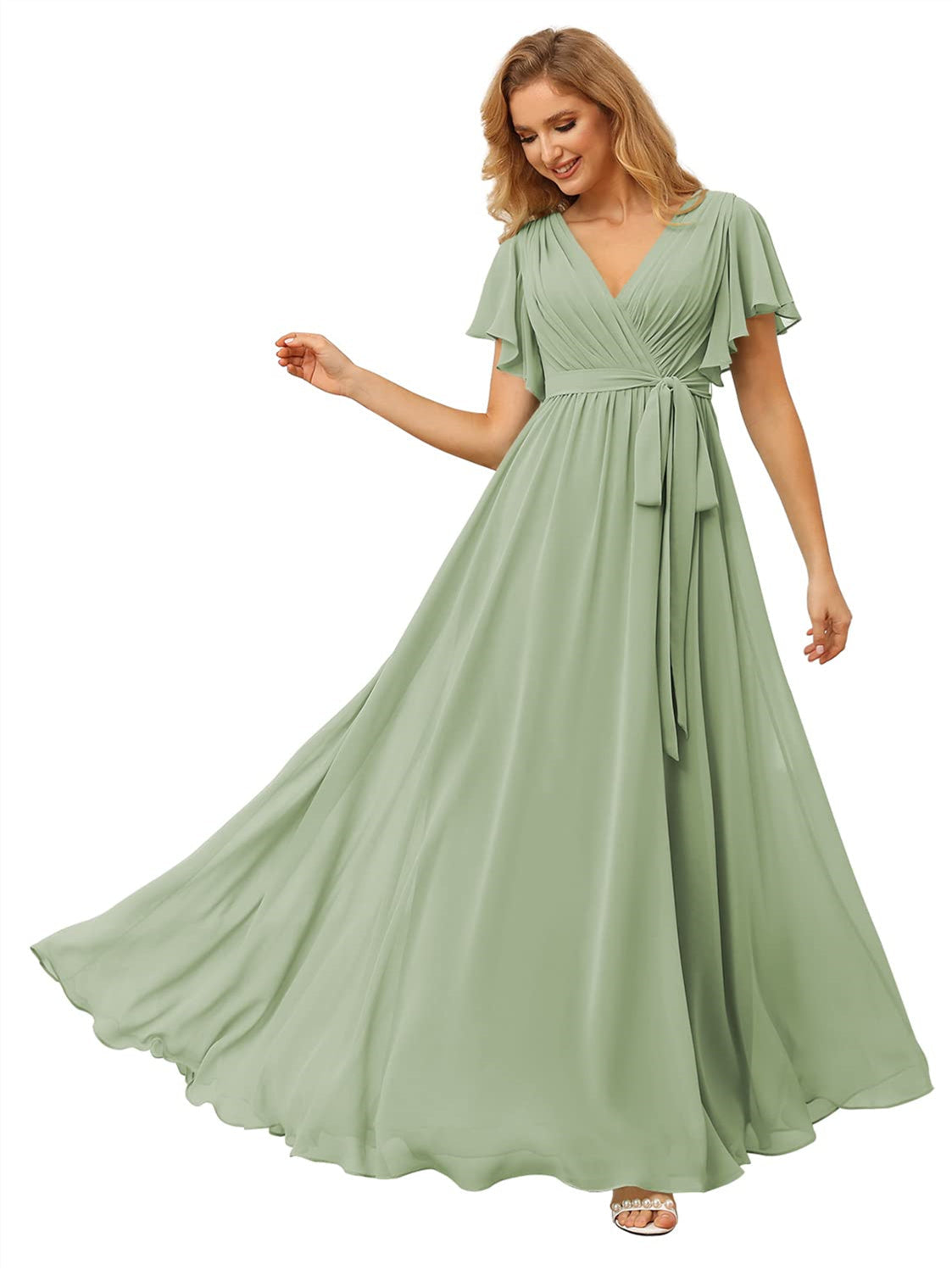 V-Neck Ankle-Length Chiffon Bridesmaid Dress with Short Sleeves