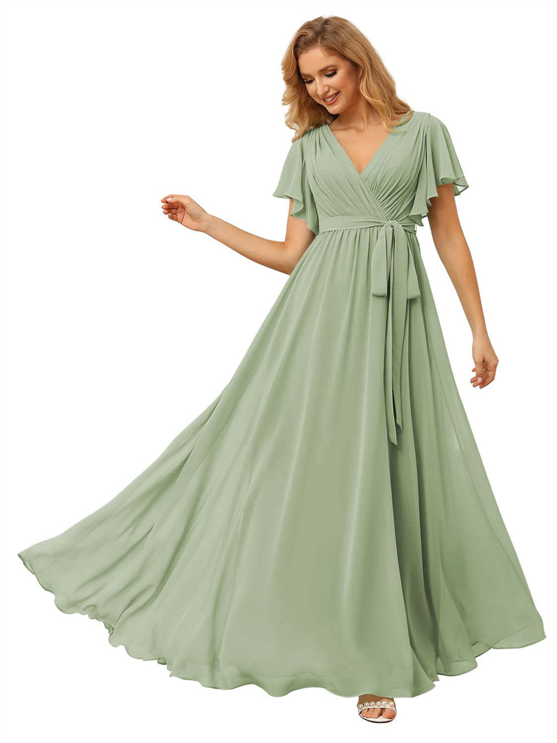 V-Neck Ankle-Length Chiffon Bridesmaid Dress with Short Sleeves