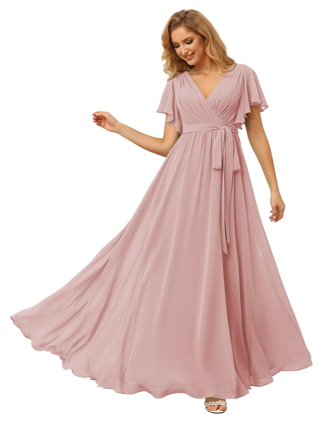 V-Neck Ankle-Length Chiffon Bridesmaid Dress with Short Sleeves