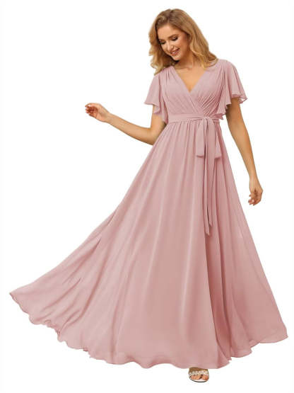 V-Neck Ankle-Length Chiffon Bridesmaid Dress with Short Sleeves