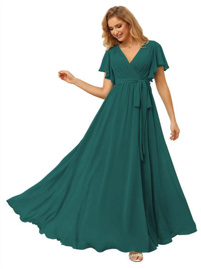 V-Neck Ankle-Length Chiffon Bridesmaid Dress with Short Sleeves