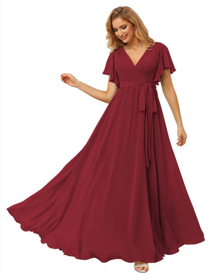 V-Neck Ankle-Length Chiffon Bridesmaid Dress with Short Sleeves