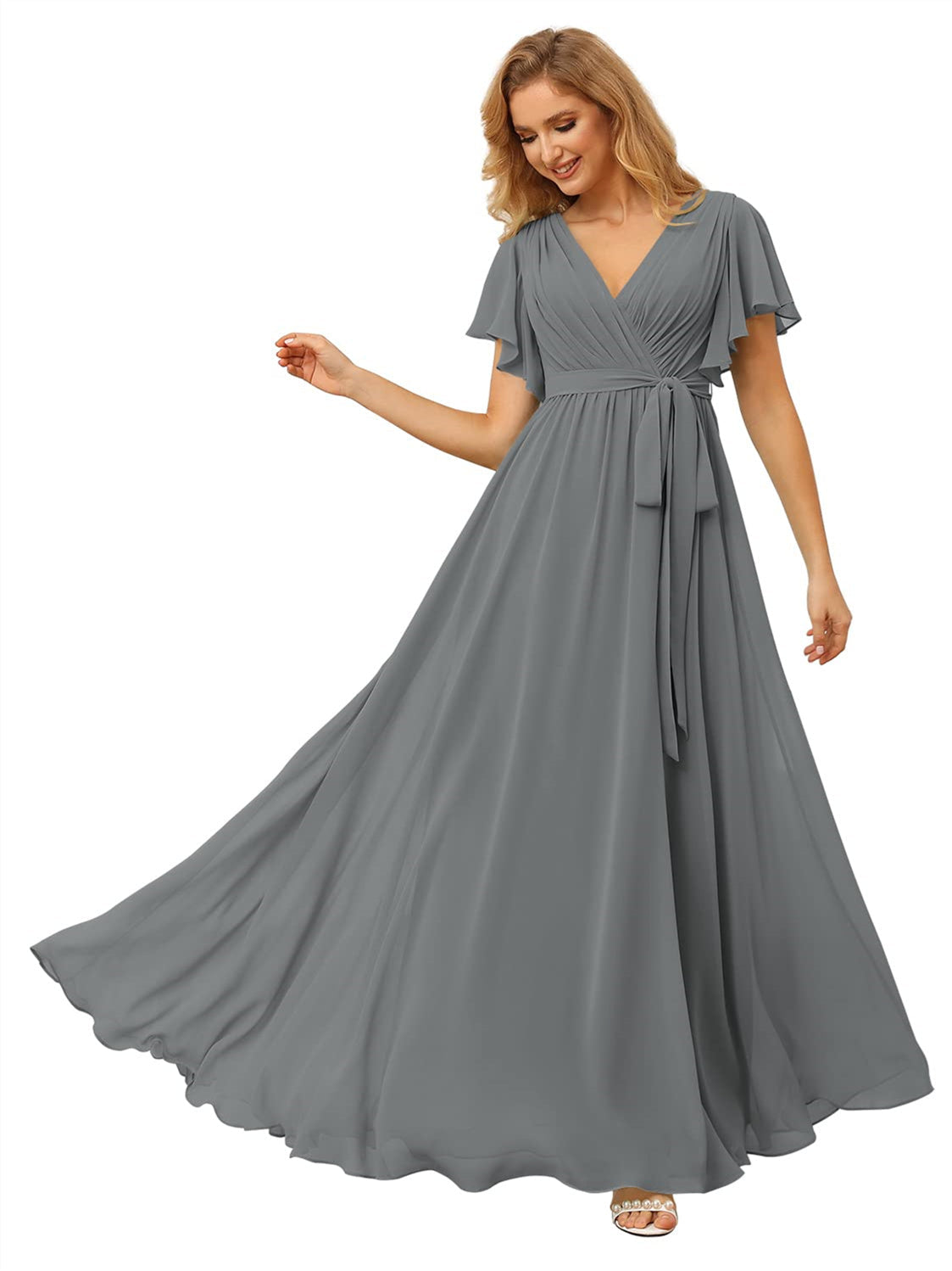 V-Neck Ankle-Length Chiffon Bridesmaid Dress with Short Sleeves