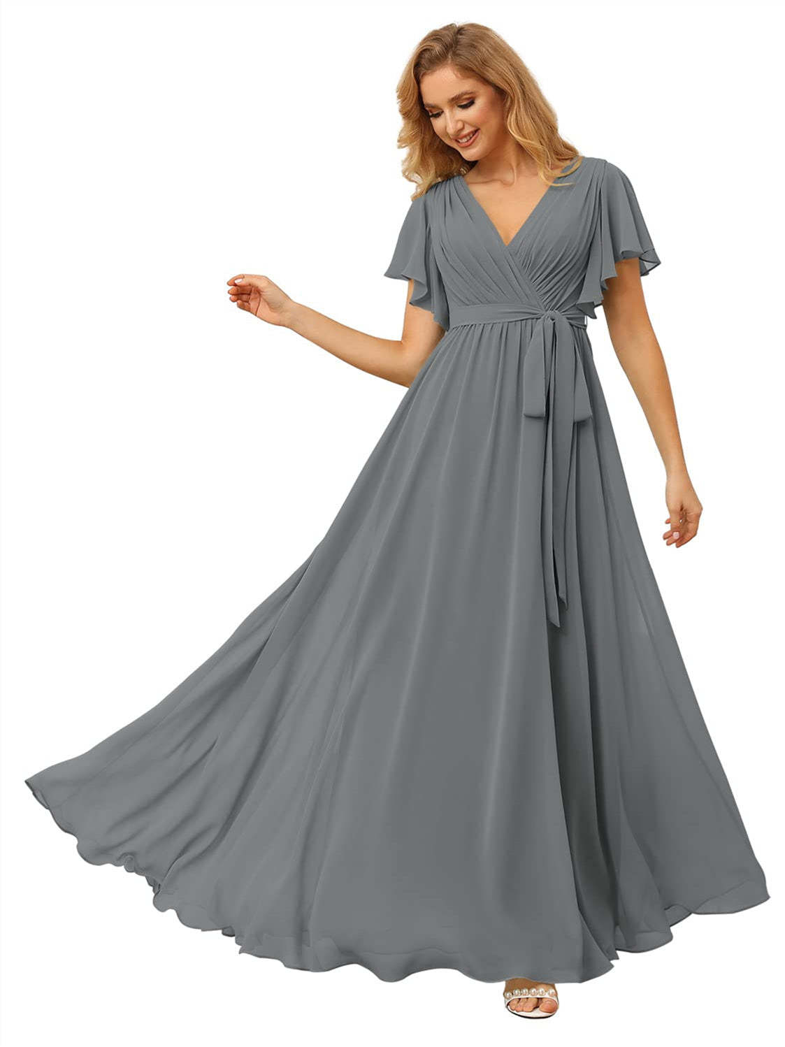 V-Neck Ankle-Length Chiffon Bridesmaid Dress with Short Sleeves