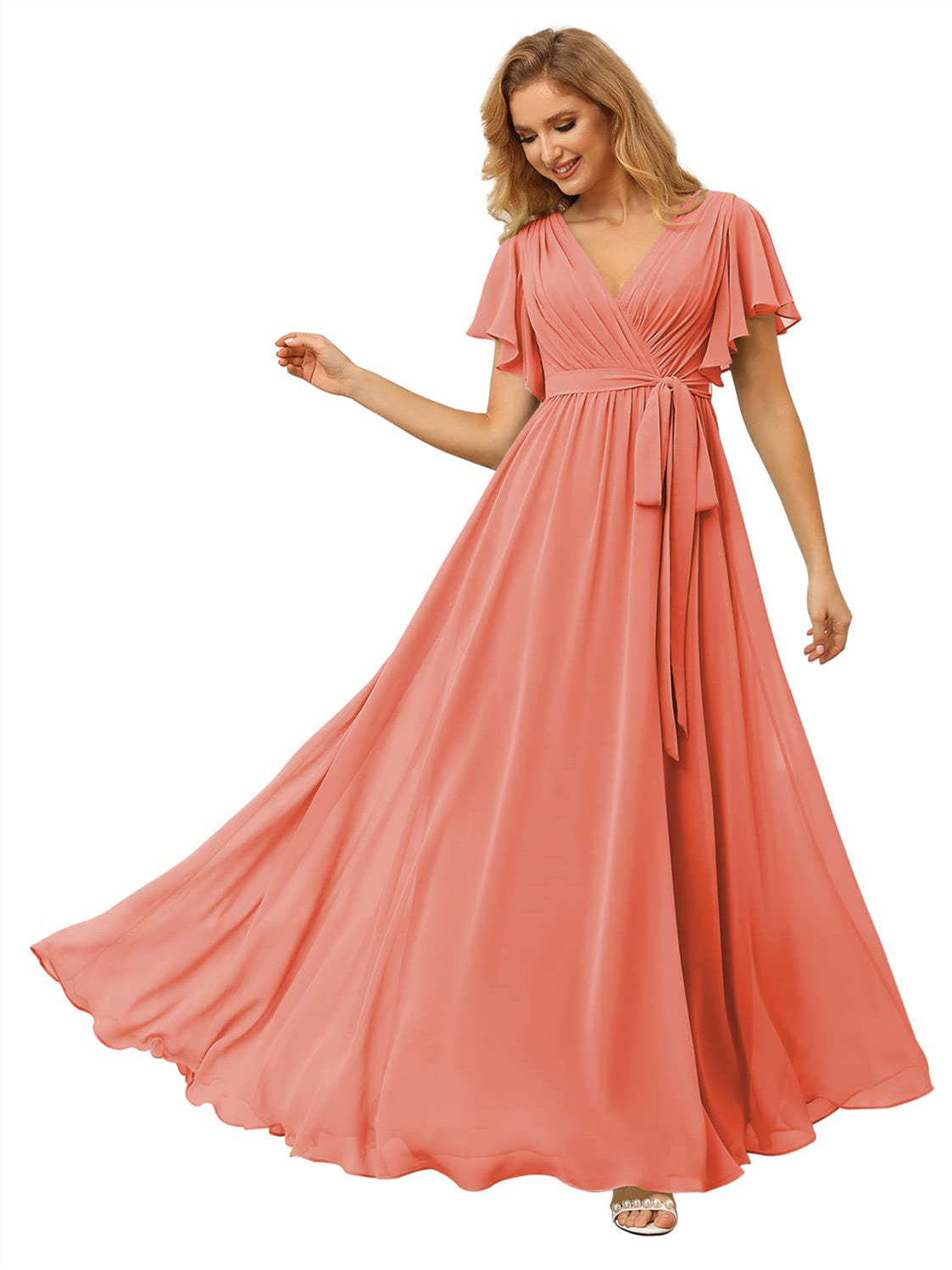 V-Neck Ankle-Length Chiffon Bridesmaid Dress with Short Sleeves
