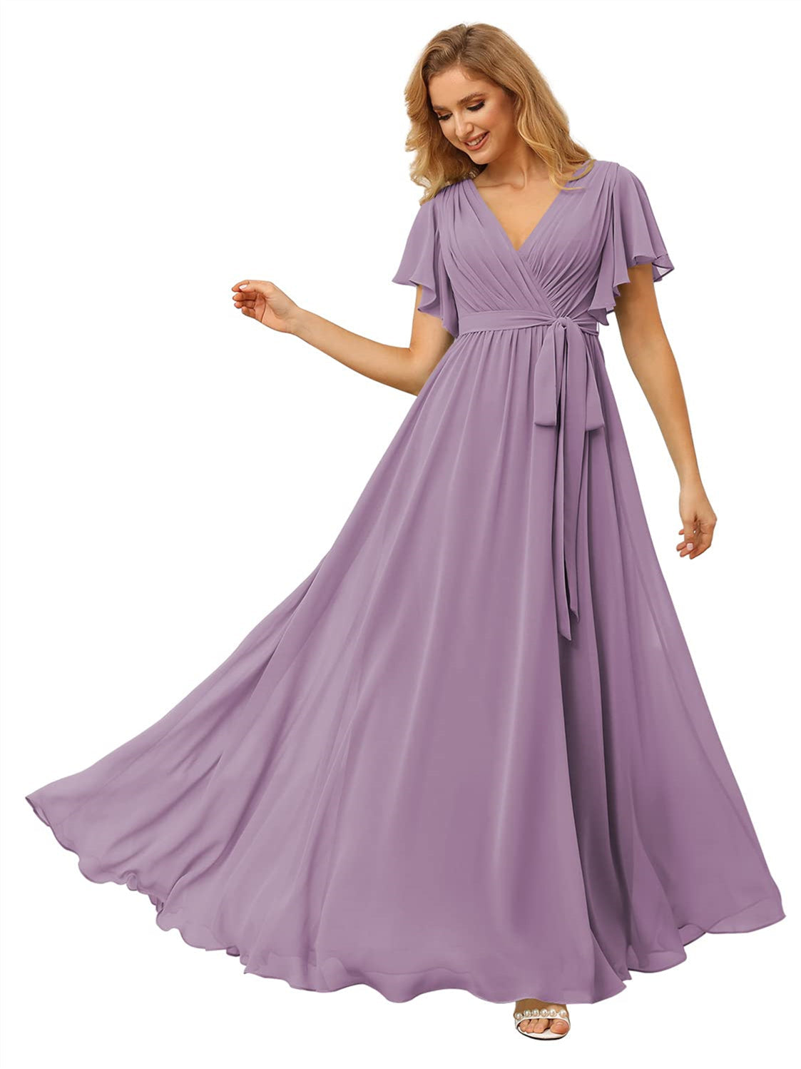 V-Neck Ankle-Length Chiffon Bridesmaid Dress with Short Sleeves