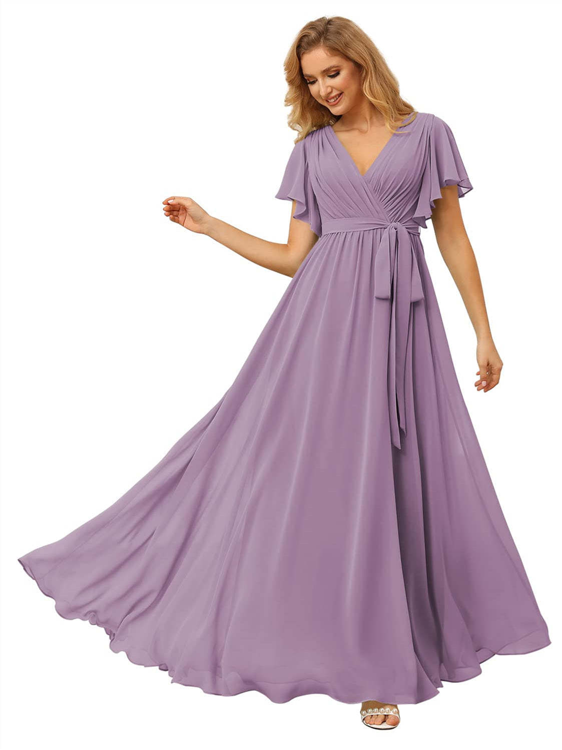 V-Neck Ankle-Length Chiffon Bridesmaid Dress with Short Sleeves