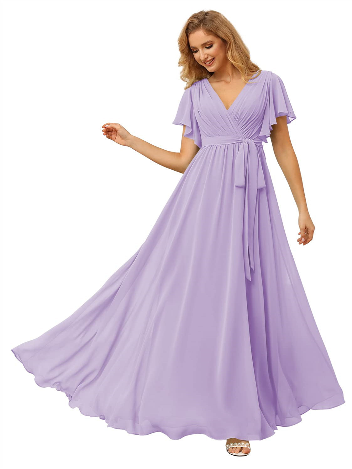 V-Neck Ankle-Length Chiffon Bridesmaid Dress with Short Sleeves
