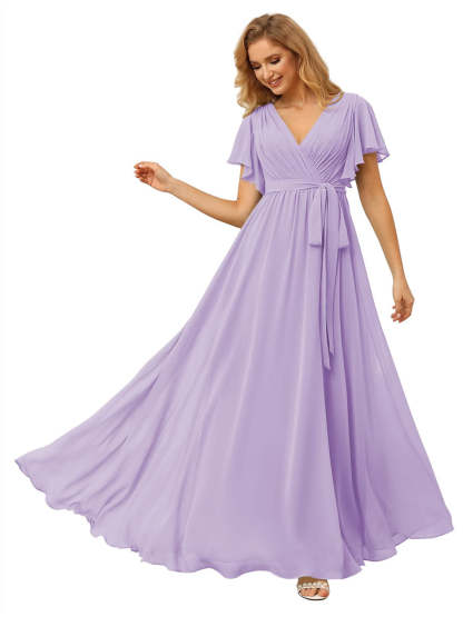 V-Neck Ankle-Length Chiffon Bridesmaid Dress with Short Sleeves