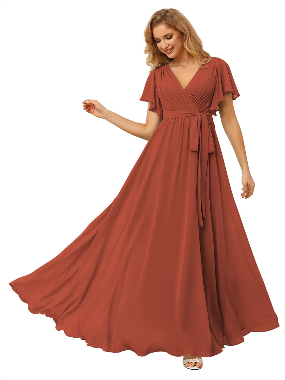 V-Neck Ankle-Length Chiffon Bridesmaid Dress with Short Sleeves