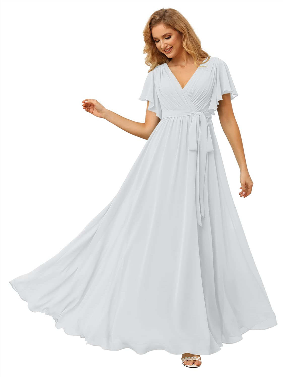 V-Neck Ankle-Length Chiffon Bridesmaid Dress with Short Sleeves