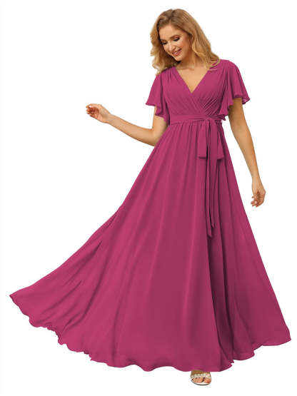 V-Neck Ankle-Length Chiffon Bridesmaid Dress with Short Sleeves