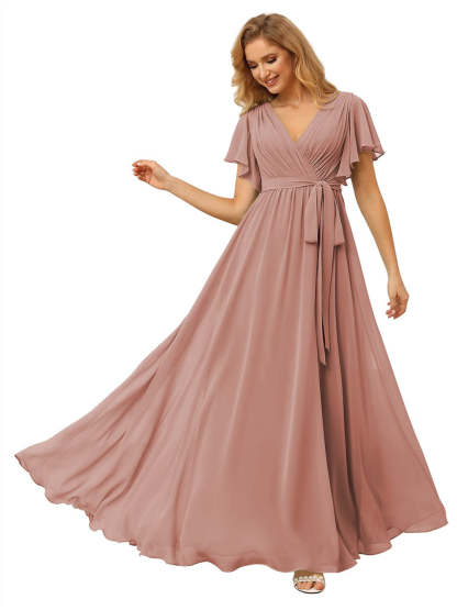 V-Neck Ankle-Length Chiffon Bridesmaid Dress with Short Sleeves