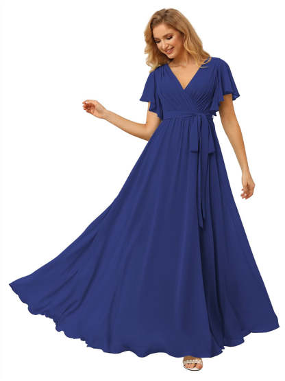 V-Neck Ankle-Length Chiffon Bridesmaid Dress with Short Sleeves