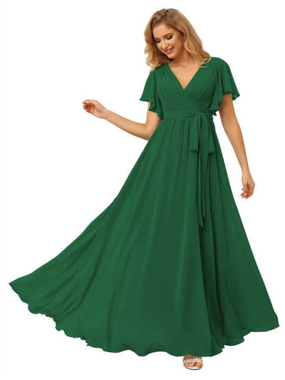 V-Neck Ankle-Length Chiffon Bridesmaid Dress with Short Sleeves