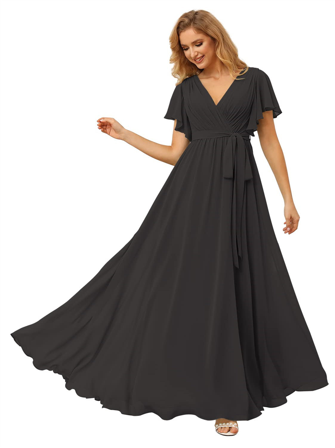 V-Neck Ankle-Length Chiffon Bridesmaid Dress with Short Sleeves