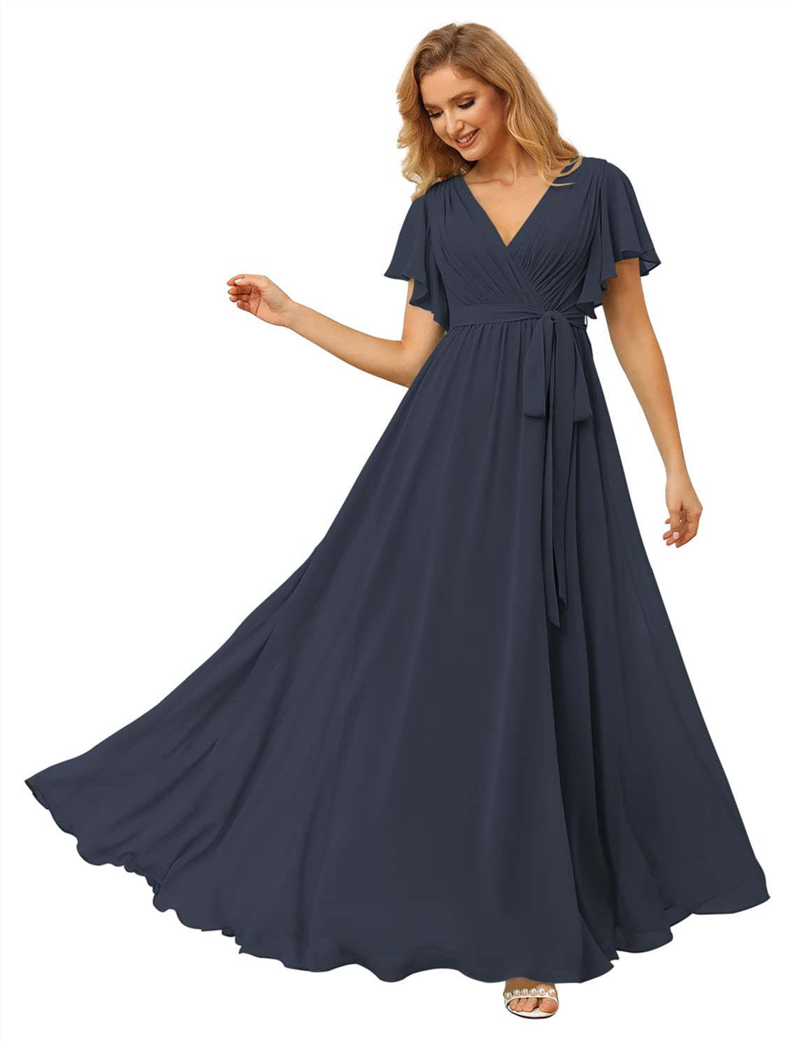 V-Neck Ankle-Length Chiffon Bridesmaid Dress with Short Sleeves